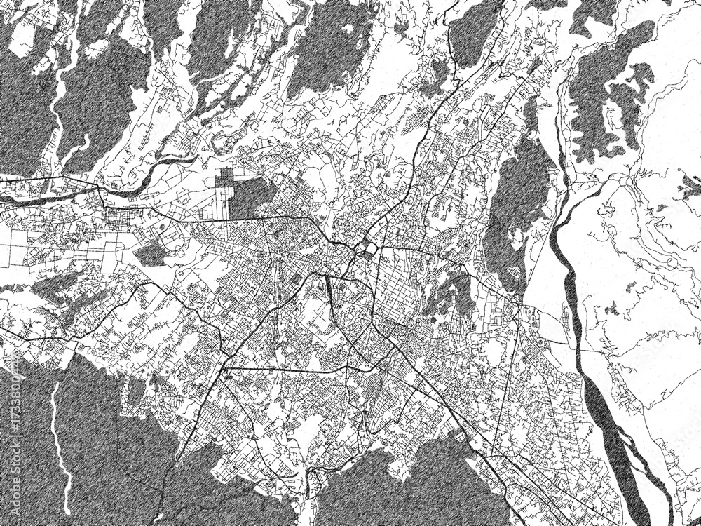 Naklejka premium Detailed black and white map of Dehra Dun, India, in artistic sketch style.