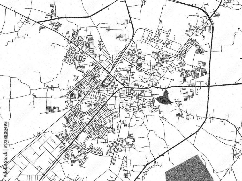 Naklejka premium Hand-drawn style black and white city map of Dewas, India, with detailed streets and textures.