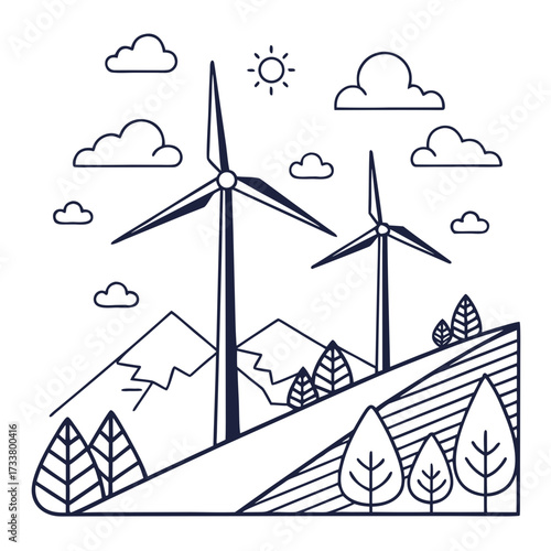 Stylized line art illustration of wind turbines generating clean energy in a natural landscape with mountains and trees