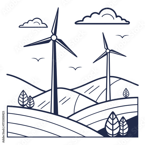 Stylized line art illustration of wind turbines on rolling hills with clouds and birds