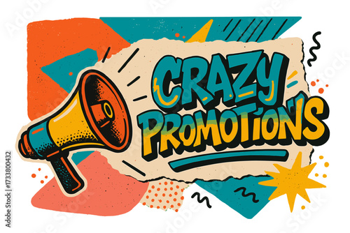 Loudspeaker announcing crazy promotions on mixed media collage banner. Retro 90s graffiti style ad. Megaphone shouting for sales and discounts. Vector poster background design.