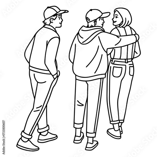 Three young friends in casual clothing and baseball caps interacting outdoors in a minimalist line art style