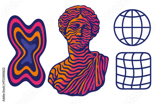 Set of neo-brutalism graphic design elements. Psychedelic distorted wavy statue of a goddess, wireframe globe, and grid. Modern vector asset for poster, cover, t-shirt.