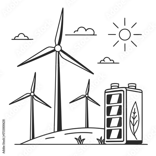Wind turbines and battery with leaf symbol representing renewable energy and sustainable power generation