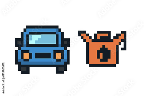 Pixel art car and jetpack icon set. 8 bit retro video game sprites. Vector illustration of blue vehicle and orange rocket backpack with bomb symbol. Isolated graphic elements.