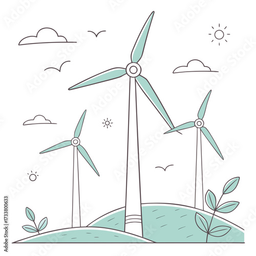 Whimsical illustration of wind turbines on rolling green hills under a sunny sky with clouds and birds