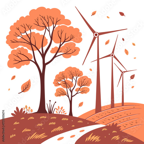 Autumn landscape with wind turbines and trees falling leaves and a winding path