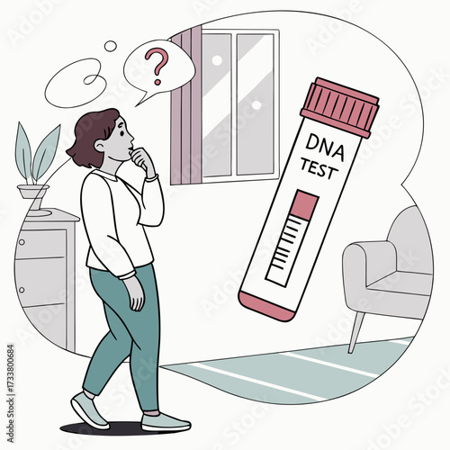 Woman contemplating a dna test kit with a question mark above her head in a thought bubble