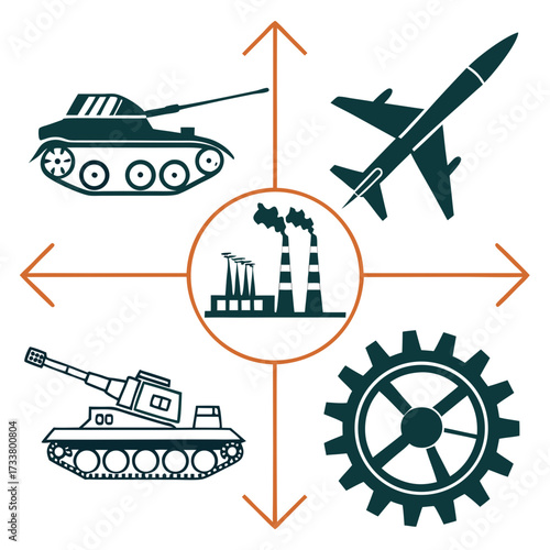 Industrial and military concept with factory tanks airplane and gear illustration