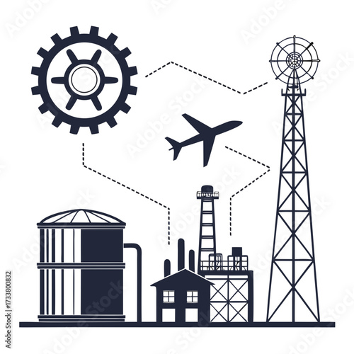 Industrial complex with airplane and communication tower connected by dashed lines representing network