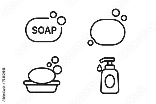 Soap line icon set. Hygiene and cleaning concept. Bar of soap with bubbles, liquid soap dispenser, soap dish. Minimalistic linear pictogram for web, app, graphic design.