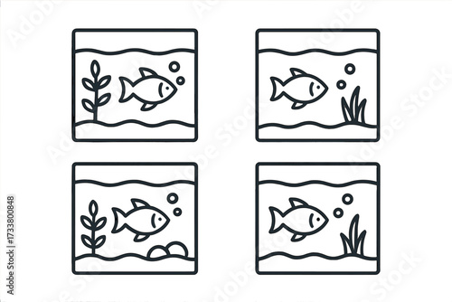 Fish in aquarium icon set. Line art fish tank pictogram. Minimalistic pet shop logo concept. Simple aquatic animal sign. Vector graphic for web, ui, app. Water life symbol.