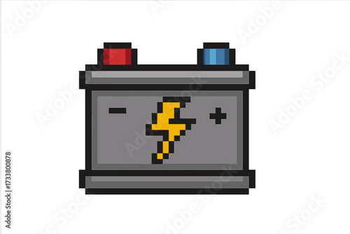 Car battery accumulator icon in pixel art 8-bit style. Automotive power source symbol. Electricity, energy and voltage concept. Auto part for service or repair. Vector illustration.