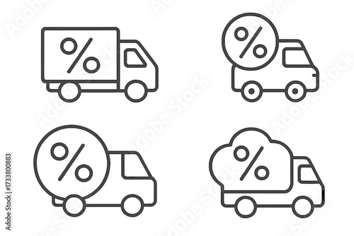 Delivery truck with percent symbol. Icon set for shipping discount, transport sale, logistics promotion. Car loan, auto leasing interest rate. Free delivery pictogram for web.