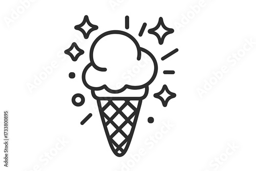 Ice cream cone icon. Waffle cone with scoop. Vector line art illustration. Summer dessert symbol. Sweet food, delicious snack, cold treat. Gelato, sorbet logo. Sparkle magic.