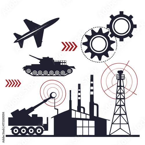 Military industrial complex concept with airplane tank artillery factory and radar tower icons