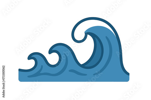 Blue ocean wave icon in a simple flat cartoon style. Vector illustration of a sea storm surge or tsunami. Abstract nature symbol for surfing, water, and marine themes.