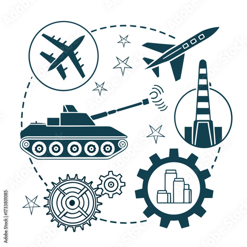 Military technology and industrial elements including tanks airplanes rockets and gears in a graphic design