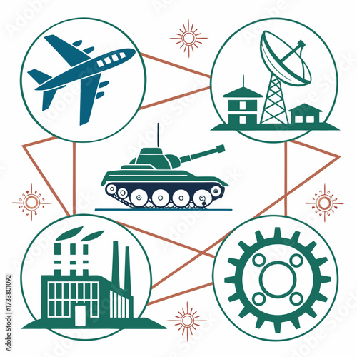 Military industry concept with airplane tank factory satellite dish and gear icons connected