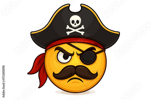 Pirate emoticon vector character. Angry smiley face with mustache. Cartoon emoji in pirate costume with hat, skull, crossbones and eyepatch. Grumpy buccaneer mascot design.