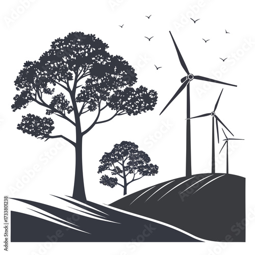 Silhouette of wind turbines and trees against a white background with birds flying in the sky