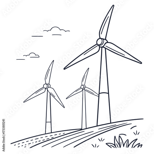 Stylized black and white drawing of wind turbines on a grassy hill under a cloudy sky