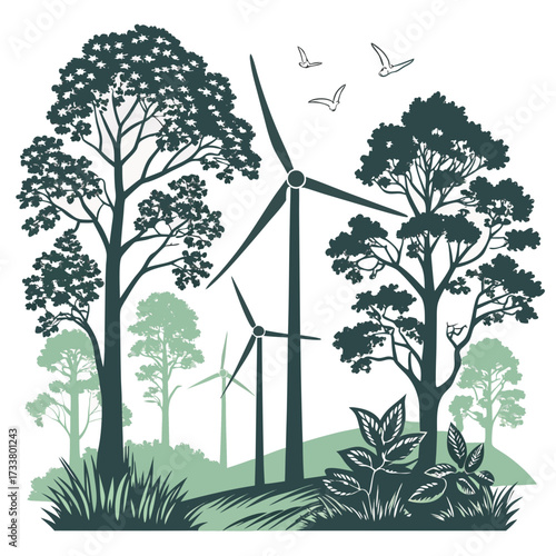 Silhouette of wind turbines and trees in a lush green landscape with birds flying overhead