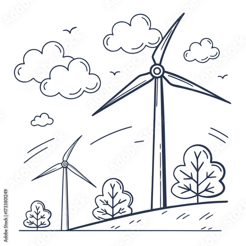Simple hand drawn illustration of wind turbines in a field with clouds and birds flying