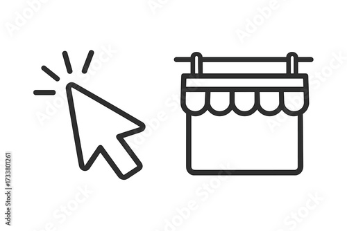 Online shopping concept. Click cursor on shop icon. E-commerce, digital marketing, and web store symbol. Buying online. Pointer arrow selecting a marketplace. Vector linear icon set.
