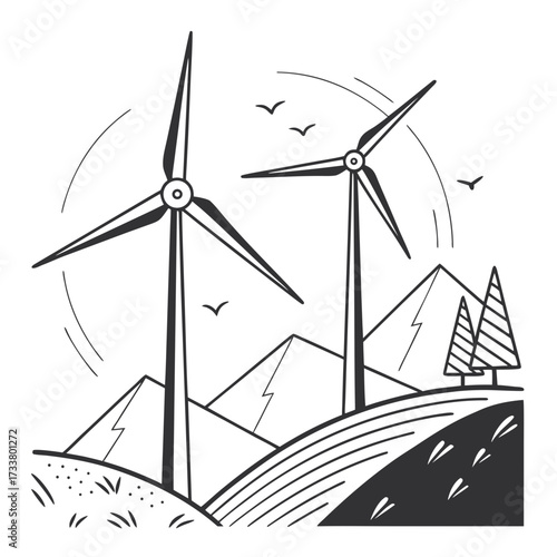 Stylized black and white illustration of wind turbines generating clean energy in a natural landscape with mountains and trees