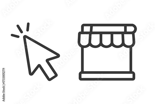 Online shopping concept. E-commerce vector icon set. Click to buy button. Internet shop sign with pointer cursor. Digital marketplace symbol. Web store linear illustration.