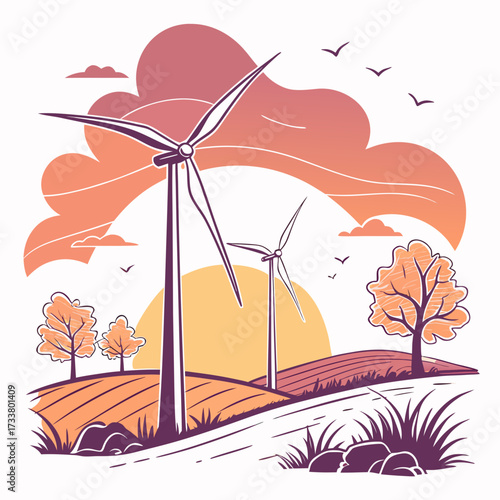 Stylized illustration of wind turbines in a picturesque rural landscape at sunset with colorful clouds and trees