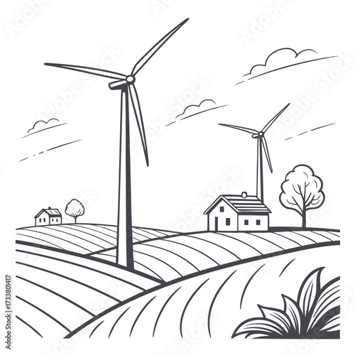 Stylized illustration of wind turbines in a rural landscape with fields and houses under a cloudy sky