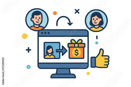 Referral program and affiliate marketing online business concept. Invite friends, get rewards, earn money. Customer loyalty and prize program for social network promotion.