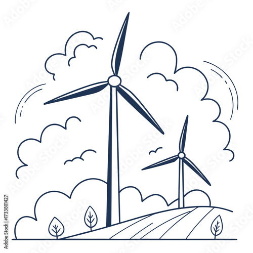 Stylized illustration of wind turbines generating clean energy on a rolling landscape with fluffy clouds and birds flying