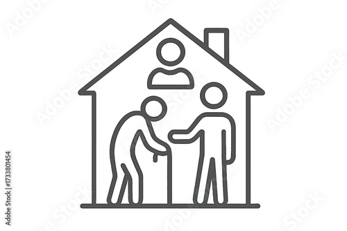 Retirement home thin line icon. Vector of senior with caregiver. Concept for nursing home, assisted living, elderly care, social help, healthcare, and family support.
