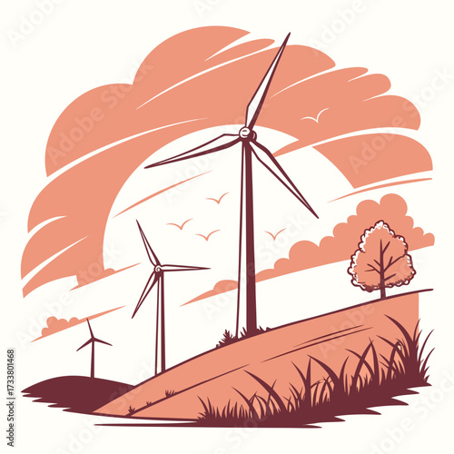 Stylized illustration of wind turbines on a rolling hill under a sunset sky with birds flying
