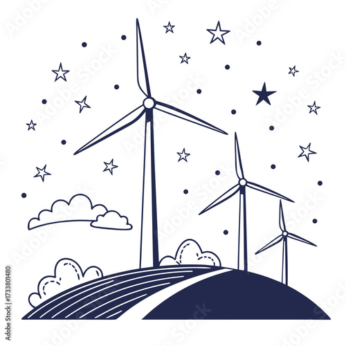 Stylized illustration of wind turbines on a hill under a starry night sky with clouds