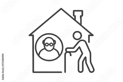 Retirement home thin line icon. Senior citizen in nursing home. Elderly care and assisted living concept. Old person with walking cane. Geriatric social care and support symbol.