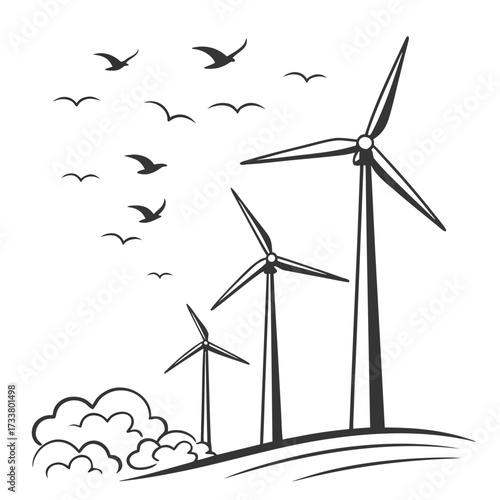 Stylized illustration of wind turbines on rolling hills with a flock of birds flying in a clear sky