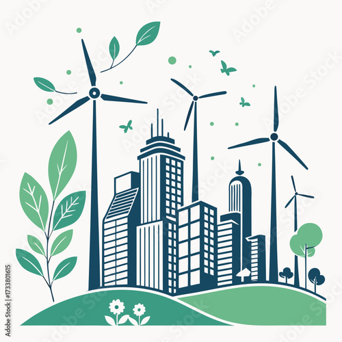 Sustainable city skyline with wind turbines green leaves and flying birds symbolizing eco friendly urban development