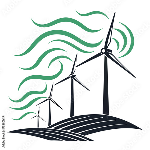 Stylized wind turbines on rolling hills with green wind currents symbolizing renewable energy generation