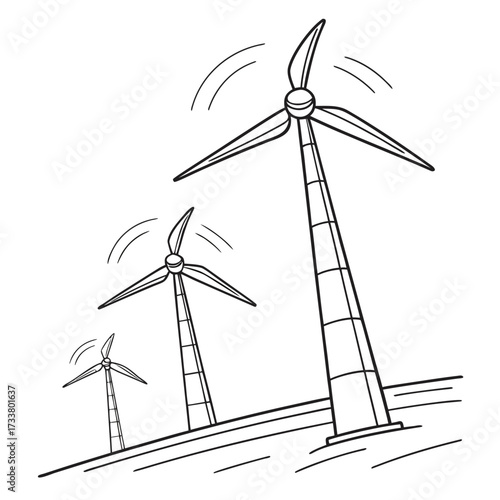 Three wind turbines with spinning blades generating clean renewable energy on a white background