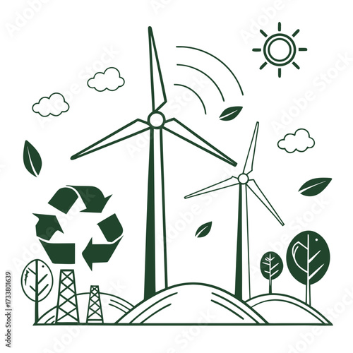 Sustainable energy landscape with wind turbines recycling symbol trees and sun