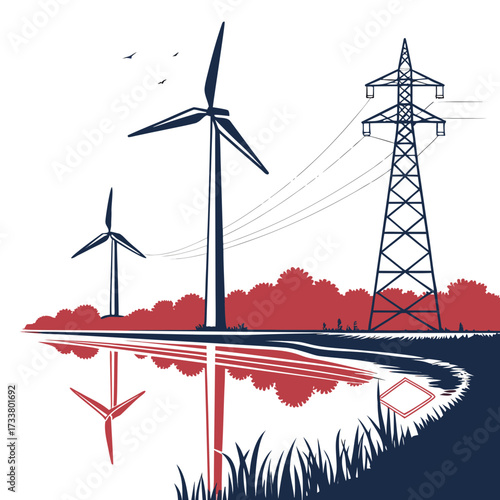 Wind turbines and power lines reflected in water with red trees and grass against a white sky