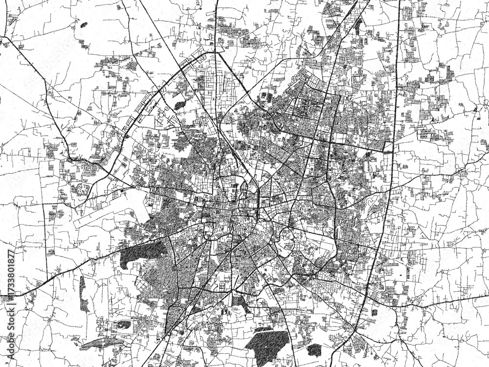 Naklejka premium Decorative monochrome illustration of Indore, India, showing its detailed grid.