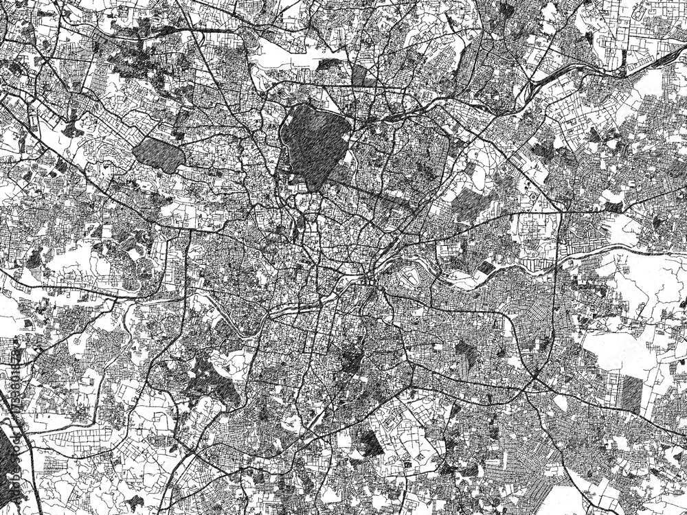 Fototapeta premium Illustrated map of Hyderabad, India, in black and white hand-drawn digital style.