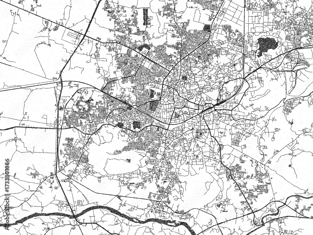 Fototapeta premium Monochrome hand-drawn map of Jabalpur, India, ideal for decorative and editorial use.
