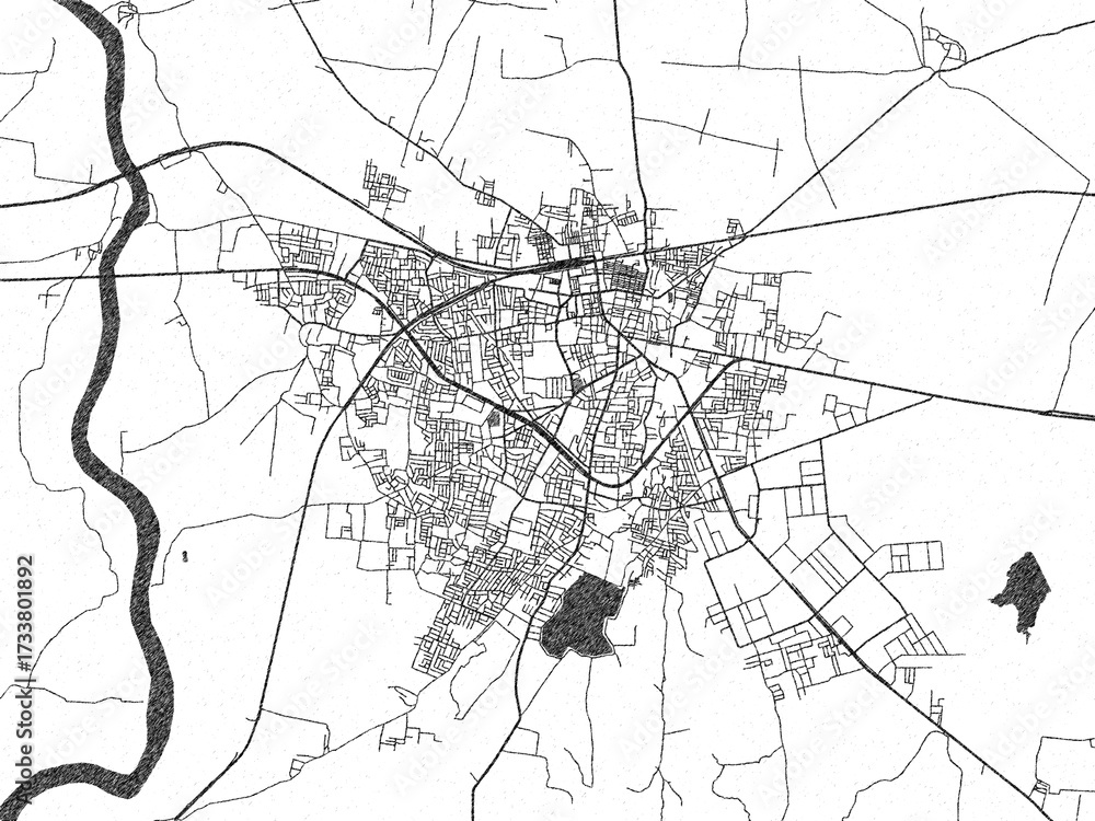 Fototapeta premium Black and white illustrated map of Jalgaon, India, with streets, rivers, and neighborhoods.