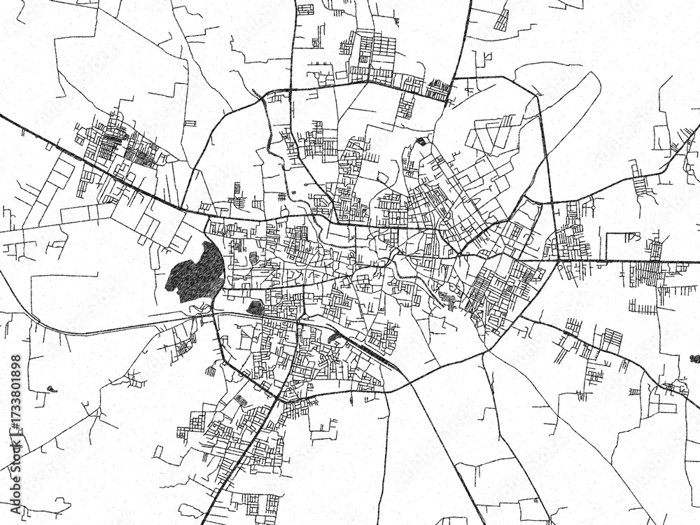 Naklejka premium Hand-drawn style black and white city map of Jalna, India, with detailed streets and textures.